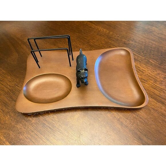 MEN'S WOOD VALET DRESSER TOP ORGANIZER W/ DOG STATUE MADE IN JAPAN - Picture 1 of 16